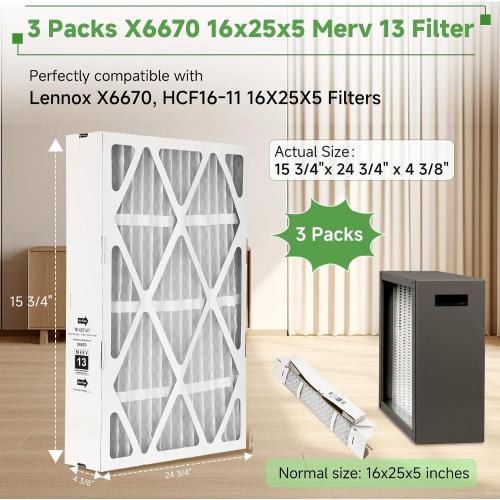 3 Packs,Upgrade X6670 Merv 13 16x 25x 5 Expandable Furnace Filter Compatible with Lennox X6670, HCF16-11,HCF16-10,HCC16-28 and Honeywell FC100A1029