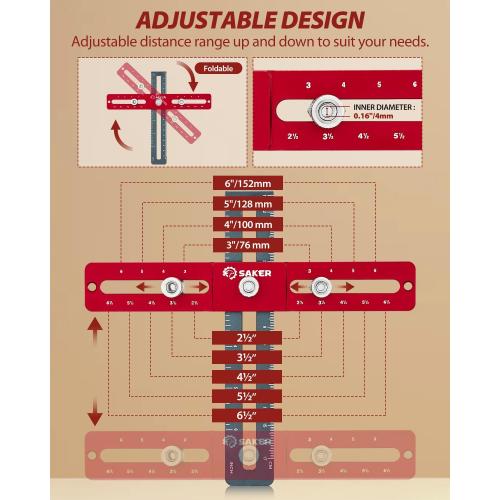Saker Cabinet Hardware Doweling Jig - Cabinet Handle Template Tool for Knobs and Pull - Adjustable Self Centering Punch Locator Precise Woodworking Drill Guide (6.5 Jig Saw)