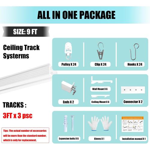 Ceiling Curtain Track, Ceiling Wall Mount Room Divider Curtains Track Rods Heavy Duty Ceiling Track Curtain Rail, RV Ceiling Track for Curtains with Rollers Hooks Clips for 6-9ft, White