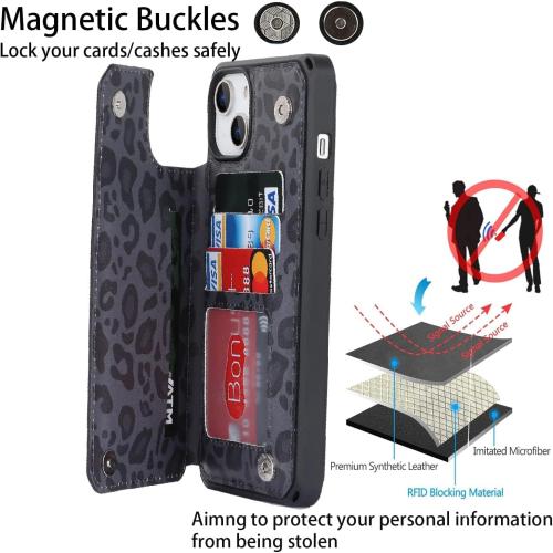 Color Black Cover for iPhone 13 Case with Card Holder, for iPhone 13 Wallet Case for Women Men, Stand and Strap,Leopard Grain Shockproof Protective Phone Cover-Black