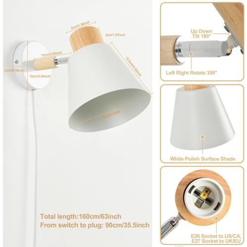 White Plug in Wall Sconces with Switch for Bedroom, Modern Rotation Wall Lamps Up Down E26 Mounted Fixture Wood Metal Lighting Switch Bedside Decor Reading Lights for Kids Bedroom, Living Room