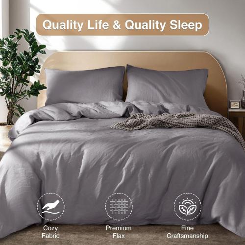SONORO KATE 100% French Linen Duvet Cover Full Size, Soft Breathable for Hot Sleepers, Moisture Wicking & Durable Cover Set - Zipper Closure & 4 Corner Ties Duvet Covers 3 Piece (Dark Grey,Full)