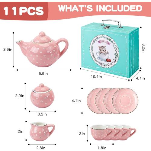 CHENP.HMC Tea Party Set for Little Girls, 13 Piece Sets Kids Tin Tea Party with Cups, Saucers, Plates & Serving Trays, Girls Birthday Gift (Pastel Polka Dots)
