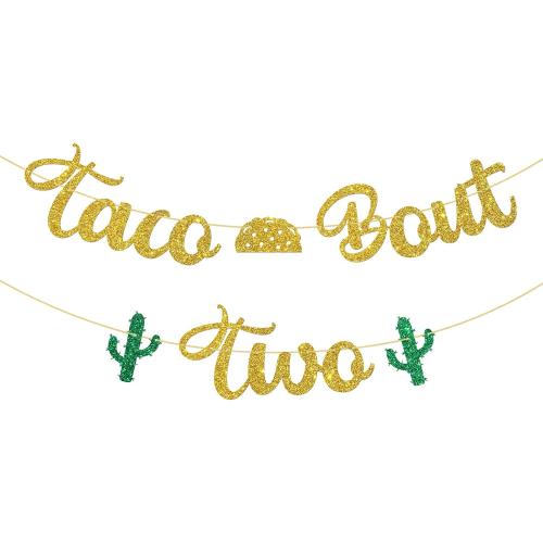 WeBenison Taco Bout Two Banner/Mexican Children 2nd Birthday Banner/Taco Bout Birthday Party Decoration Supplies Gold Glitter