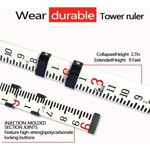 9-Foot Aluminum Grade Rod - 10ths，Grade Rod，Grade Stick for Laser Level，Survey Rod，Grade Rods，Survey Pole，With Bubble Level, 3-Stage Telescopic，Double-Sided Scale Telescopic Leveling Rod