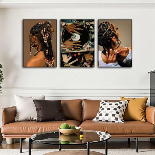 Size 12x16 3Pcs Framed Black Woman Canvas Wall art African American Woman Fashion Hairstyle Wall Decor Picture Black Girl Record Posters prints for Living Room Bedroom Bathroom Home Decoration 12x16in
