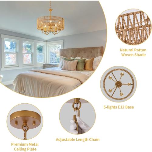 5-Light Boho Large Rattan Chandelier Light Fixture, Gold Rattan Chandeliers for Dining Room with Hand Woven Shade, Farmhouse Rustic Drum Hanging Pendant Light Fixture for Living Room, Hallway, Foyer