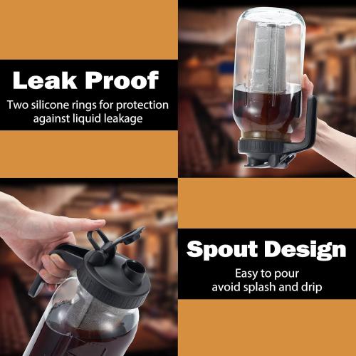 Clear 64oz Cold Brew Mason Coffee Maker - 64oz Iced Coffee Pitcher with Stainless Steel Mixing Spoon & Super Dense Filter 3 Steps Finish Cold Brew Coffee, Classic BPA Free Sturdy Mason jar Pitcher Easy to Clean