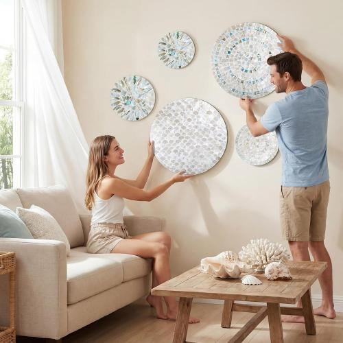 Novabright 6 Pcs Shell Wall Decor 11.8 Inches Natural Mother of Pearl Shell Plate Coastal Wall Art Mosaic Sculpture Handmade Hanging Plates Arts for Bedroom Bathroom Home Office Hotel