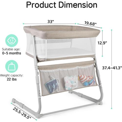 Cowiewie Bassinet Bedside Sleeper,Baby Bassinet Slides Over Bed,5-Position Height Adjustment & Breathable All-Mesh Wall Bedside Bassinet for Baby,Space-Saving Bedside Crib, Height(37.4-41.3) (Beige)