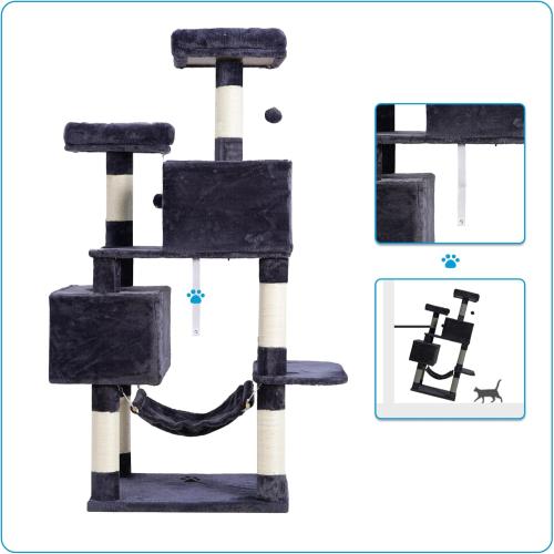 Hey-brother Large Multi-Level Cat Tree Condo Furniture with Sisal-Covered Scratching Posts, 2 Bigger Plush Condos, Perch Hammock for Kittens, Cats and Pets Smoky Gray MPJ020G