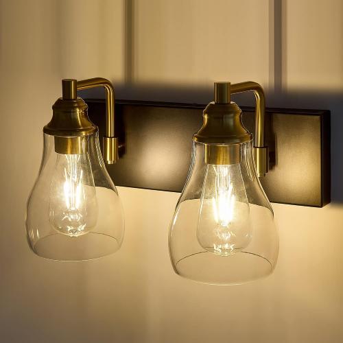 Bathroom Light Fixtures Over Mirror, 2 Light Bathroom Vanity Light with Brushed Gold and Matte Black Finish, Industrial Wall Sconce for Bedroom, Living Room and Proch