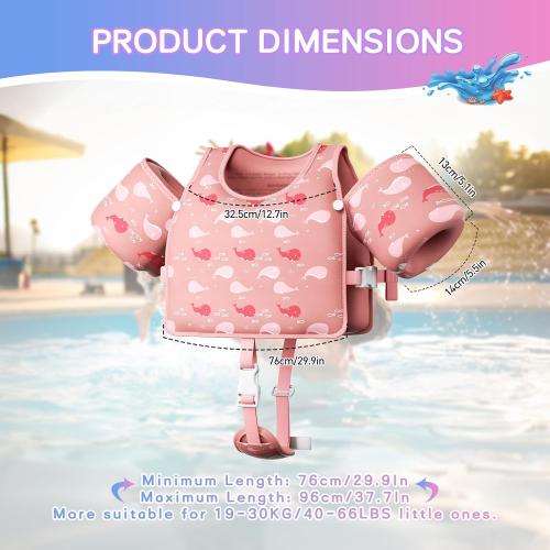 Pink Toddler Swim Vest, Toddler Floaties, Swim Vest for Toddlers Learning to Swim, Puddle Kids Jumper with Adjustable Strap, Swim Jacket Arm Floaties for Baby Boys & Girls