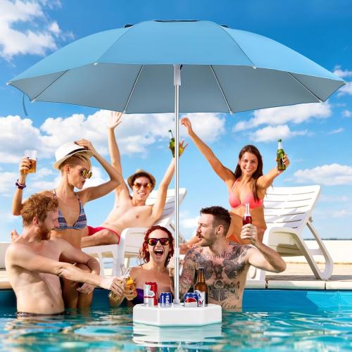Floating Pool Umbrella with Weighted Base, Rust-Proof Aluminum Pole | Blocks Up to 98% of Harmful UV Rays, Features Removable Polygon Floating Table, Ideal for Pools, Beaches & Outdoor Lakes