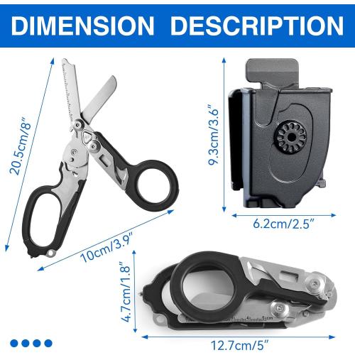 Heavy Duty 6 in 1 Multifunctional Trauma Shears Foldable | Stainless Steel emergency response scissors | Survival Shears with Holster | Medical Trauma shears Tactical With Strap Cutter | Black