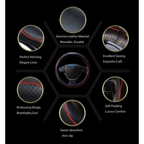 Car Steering Wheel Cover, Anti-Slip, Safety, Soft, Breathable, Heavy Duty, Thick, Full Surround, Sports Style (Black with Red line)