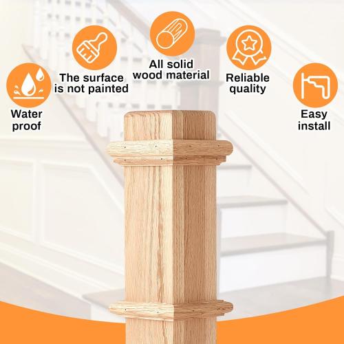 Solid Wood Box Newel 48 Inch Poplar Staircase Newel Posts Wood Stabilizer Plain Style with Pedestal Stair Railing Post Interior Wood Balusters for Stair Remodeling