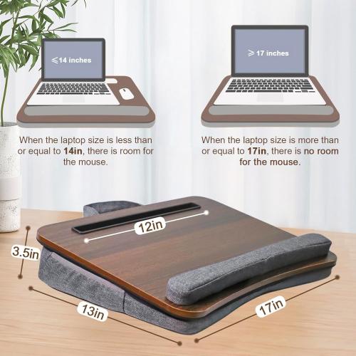Portable Lap Desk for Laptop with Cushion, Storage Bag Fits Up to 15.6 Inch Laptop, Adults with Ipad/Phone&Pillow Holder for Home Office Bed Couch - Walnut Color