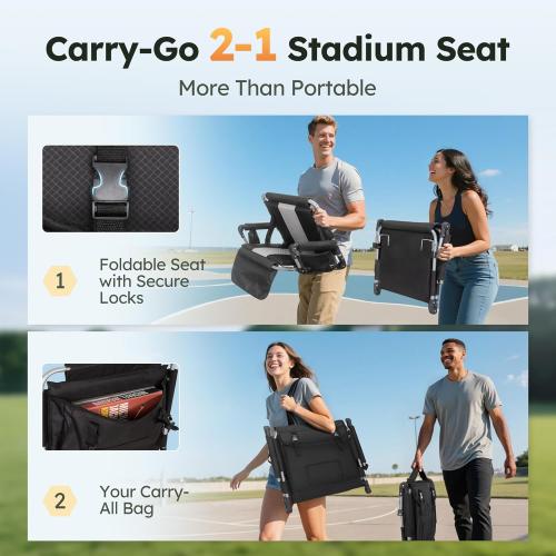Color Black Folding Stadium Seat Bleacher Chair with Cup Holder, Mesh Bag and Hide Hooks, Portable Stadium Chair with Back and Cushion