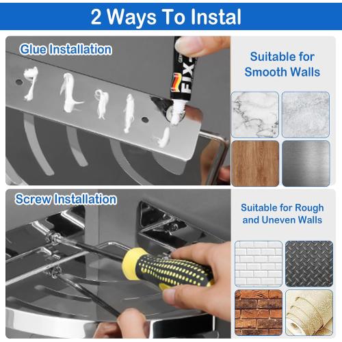 Wall-Mounted Corner Shelf, Single Pack, Bathroom Tray Organizer with 2 Hooks, Ideal for Bedroom, Living Room, Bathroom, and Kitchen (Silver)