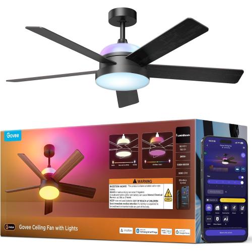 Govee Ceiling Fan with Lights, RGBIC Smart 52'' Low Profile Ceiling Fan with Lights and Remote, Reversible DC Motor, Dimmable, 2800lm, Ceiling Fan for Bedroom, Living Room, Black‼️Like New‼️