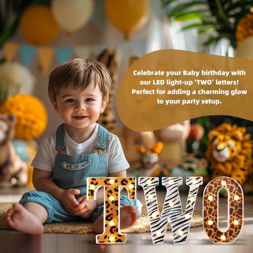 Two Safari Wild Birthday Decorations for 2 Year Old Girl and Boy,Light Up Letters Two Sign for 2nd Birthday Centerpiece Table Decorations,Jungle Animal Party Supplies Backdrop Wall Decor