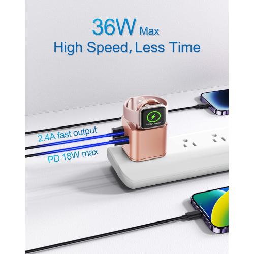 36W for Apple Charging Block with Built-in Watch Charger, Foldable PD Fast Charger Block for iPhone, Dual Ports Wall Charger Compatible with Apple Watch iPhone AirPods(Rose Gold)