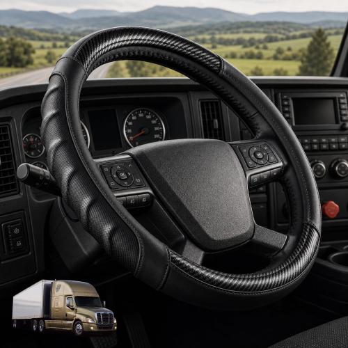 18 Inch Semi Truck Steering Wheel Cover for Freightliner Cascadia, Kenworth T680 T880, Peterbilt 579 & Volvo VNL – Heavy Duty Anti-Slip Leather Grip for Big Rig Class 8 Trucks – Black
