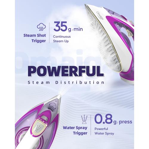 OMAIGA 1750W Steam Iron for Clothes, 450ml Large Water Tank, Self-Cleaning