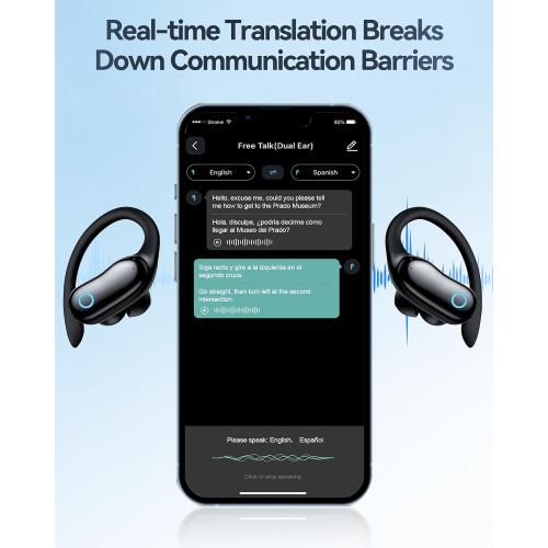 GNMN Active Noise Cancelling Ear Buds AI Translation Wireless Earbuds 96hrs Playback Bluetooth Headphones Dual Battery Display Stereo Bass Earphones with Earhooks Microphone for Sports/Runing/Workout