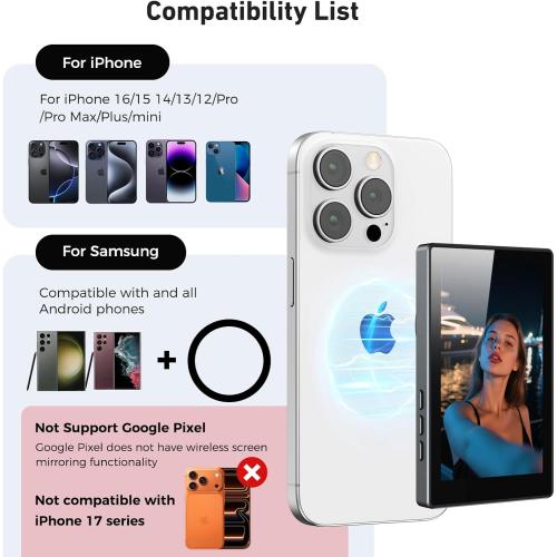 Selfie Monitor Screen for Phone with USB-C Remote Control, Magnetic Wireless Back Camera Mirroring 4K 30fps Recording, Speaker, 3 Brightness, for Vlog Live Stream(Not for iPhone17 Series&Google Pixel)