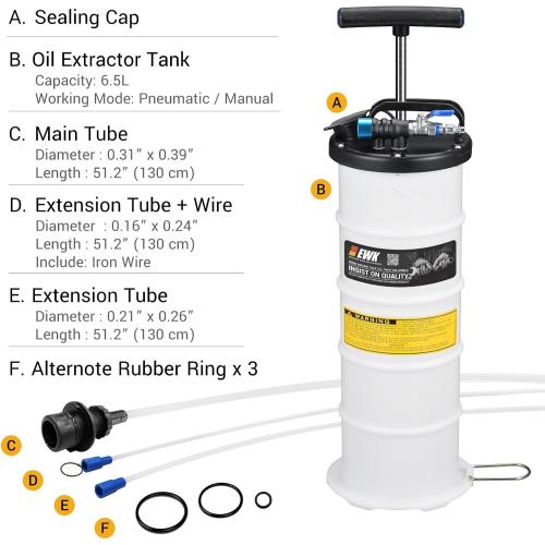 EWK Patented 6.5L Pneumatic/Manual Oil Extractor for Oil Change Pump for Automotive Fluids Vacuum Evacuation
