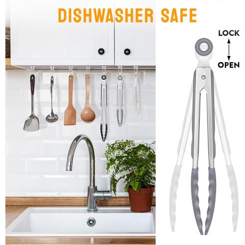 HOTEC Premium Stainless Steel Locking Kitchen Tongs with Silicon Tips, Set of 3-7, 9 and 12 (Black,Grey,Khaki)