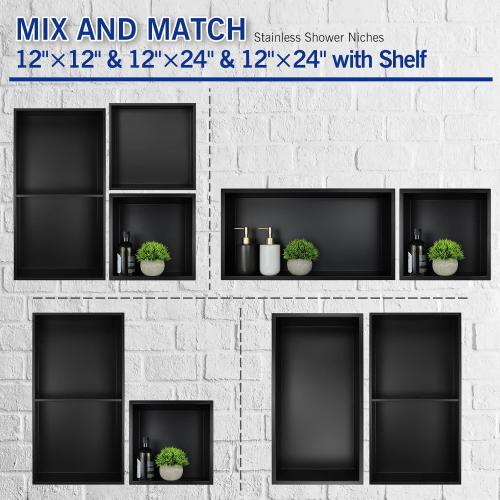 Stainless Steel Shower Niche 24 X 12 Matte Black No Tile Needed Niche Shower for Bathroom Storage Recessed Wall Niches Bathroom Shelf Over Mount Installation
