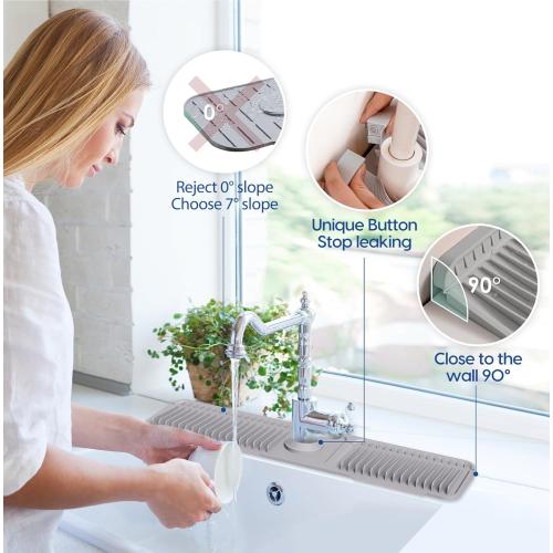 24 Inch Silicone Faucet Mat for Kitchen Sink Splash Guard - 7° Slope Upgraded Water Draining Mat with Fasten Button for Bathroom Area (Gray, 24''x5.5'')
