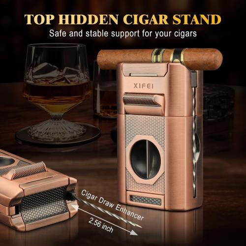 XIFEI 6-in-1 Desktop Lighter, 4 Jet Flame Torch with Straight & V-Cut Cutter, Dual Cigar Punch, Cigar Draw Enhancer, Holder, Refillable Butane Lighter with Gift Box (Bronze)