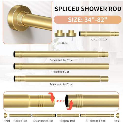 Gold Shower Curtain Rod 34-82 Inches(2.8-6.8ft) Never Rust Adjustable Shower Rod Spring Tension Non Slip No Drilling Shower Rods for Bathroom Garland Window