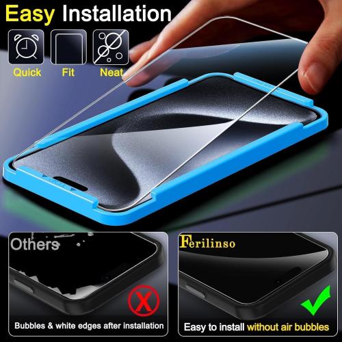 Ferilinso 3 Pack Screen Protector for iPhone 15 Pro with 3 Pack Tempered Glass Camera Lens Protector Phone Case Friendly Ultra Accessories Protector de Pantalla for Apple iPhone 15 Pro
