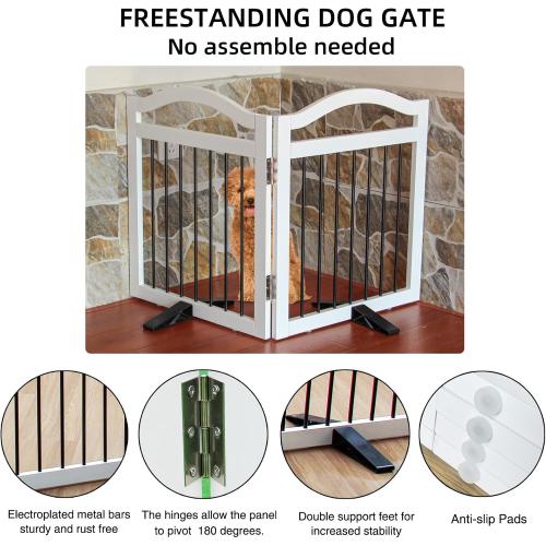 Foldable Freestanding Indoor Dog Gate for Doorways Wooden White Pet Gate for The House Dog Fence with Support Feet Included for Stairs, Hallways, 32 Height,2 Panels