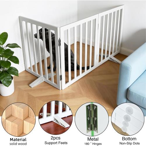Dog Gate Indoor, Freestanding Dog Fence for The House, Doorways, Hallways,or Stairs,Pet Gate Foldable Wooden,Expandable 32 Height 3 Panels,White