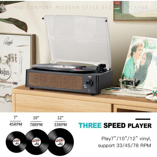Vinyl Record Players Vintage Turntable with Speakers Belt-Driven Turn Tables Support 3-Speed, Bluetooth Wireless Playback, Headphone, AUX-in, RCA Line LP Phonograph Auto Stop Retro Black