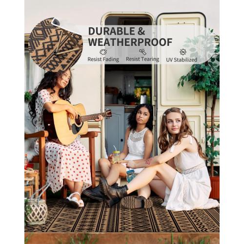 MontVoo-Outdoor Rug Carpet Waterproof Reversible Patio Rug RV Camping Rug-Plastic Straw Rug Outside Indoor Outdoor Area Rug for Patio Deck Balcony Picnic Beach Outdoor Decor Boho Black Brown