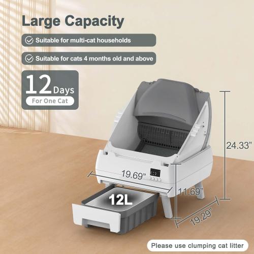 Automatic Cat Litter Box Self Cleaning - App Control, Open-Design, Smart Health Monitor, Suitable for Medium Cats and Kittens, Anti-Pinch Safety, Quiet Operation - Light White