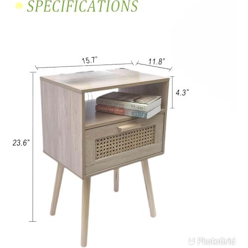 Nightstand with Charging Station, Rattan Side Table Small Wood End Table for Living Room, Bedroom, Mid Century Modern Nightstand, Easy Assembly (Natural) (Set to of 2)