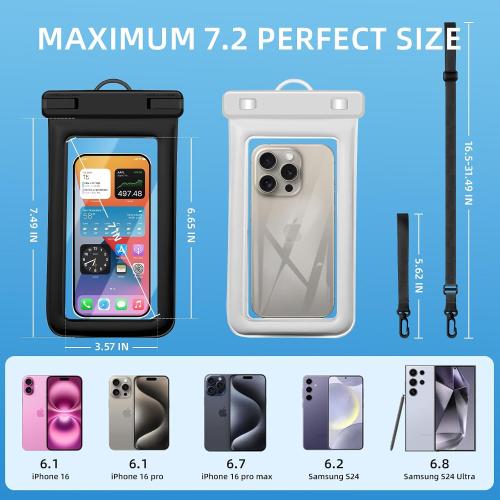 IPX8 Floating Waterproof Phone Pouch 2-Pack,7.2 Inch Waterproof Dry Bag16/15/14 Pro Max Galaxy S24/S23 Adjustable Lanyard   Wrist Strap Beach Swimming Travel Essentials Black White