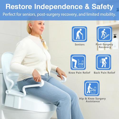 Raised Toilet Seat Risers for Seniors, Elevated Toilet Seat with Handles, 3-Level Height Adjustable, Support up to 300 Lbs
