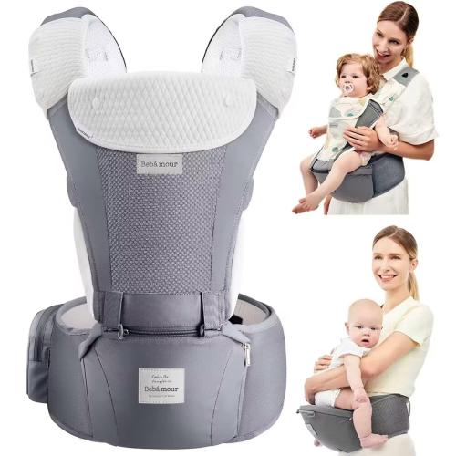 Bebamour Baby Carrier Newborn to Toddler-2 in 1 Hip Seat & Carrier Front and Back Carry with Head Hood & 3 Pieces Teething Pads& Waist Extenders & Storage Bag 0-36 Months (New Grey)