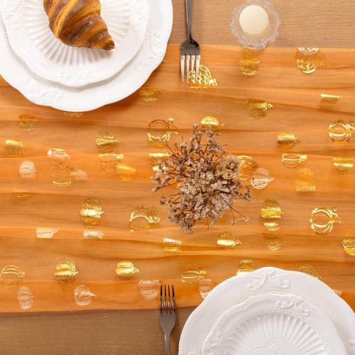 Pumpkin Gold Table Runner for Thanksgiving 3 Pack Sheer Gauze Cheesecloth 120 Inch with Glitter Harvest Feast Decor for Family Gatherings Dining Table Home Celebration - Orange