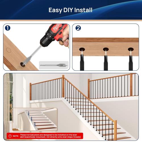 20 Pack 36 x 1/2 Wrought Iron Balusters for Staircase Interior, Hollow Stair Baluster, Plain Bar Stair Railing Indoor Spindles Banister with 2 Drill Bit