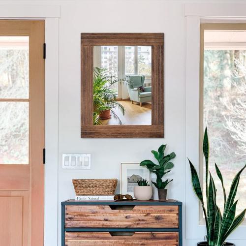 Wood Mirror Rectangular Framed Rustic Vintage Mirrors Decor Farmhouse Bedroom Bathroom Mirror for Dressing Table Entrance Large 20x16 Brown